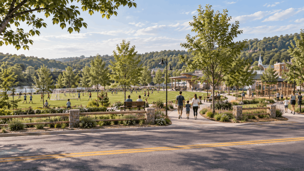 Rendering of proposed public green space and community facility for the Tazewell Ramey lot redevelopment.
