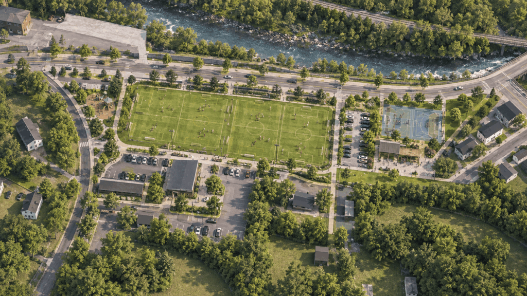 Southwest Virginia economic development — Conceptual visualization of recreation fields, walking paths and public amenities proposed for the Tazewell redevelopment